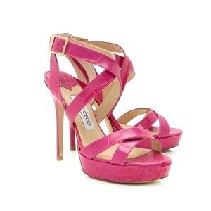 Jimmy Choo Sandals VAMP Hot Pink Croc Multistrap Platform Heels Size 36.5